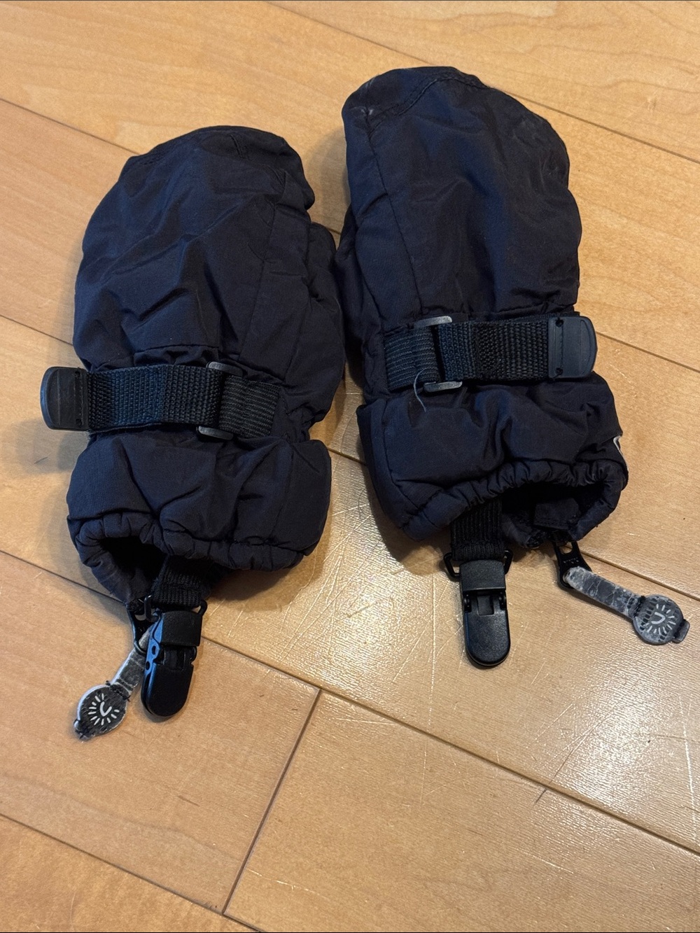 Toddler Kids Black Mittens with Adjustable Strap and Attached Sleeve Clips